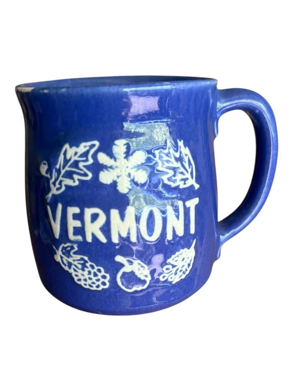 Vintage Vermont Coffee Mug Blue Ceramic Handcrafted Embossed
